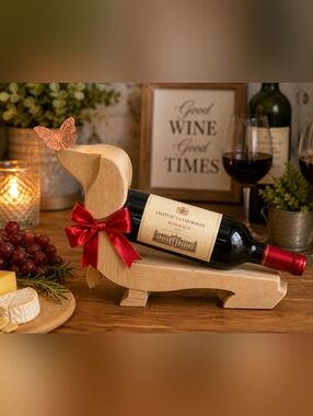 Solid Wood Dachshund Wine Bottle Holder Dog Sculpture Rustic Wine Rack Natural